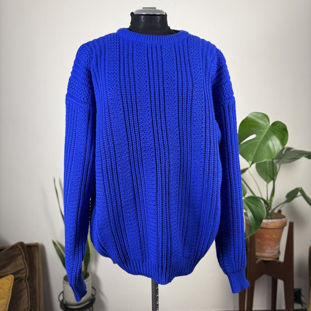 Vintage Cobalt Blue Textured Chunky Knit Sweater | Oversized 90s Ribbed Crewneck
